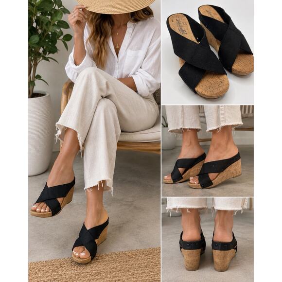 Lucky Brand Shoes - Lucky Brand Cork Wedge Sandals Womens 9 Black Canvas Criss Cross Slide Shoes